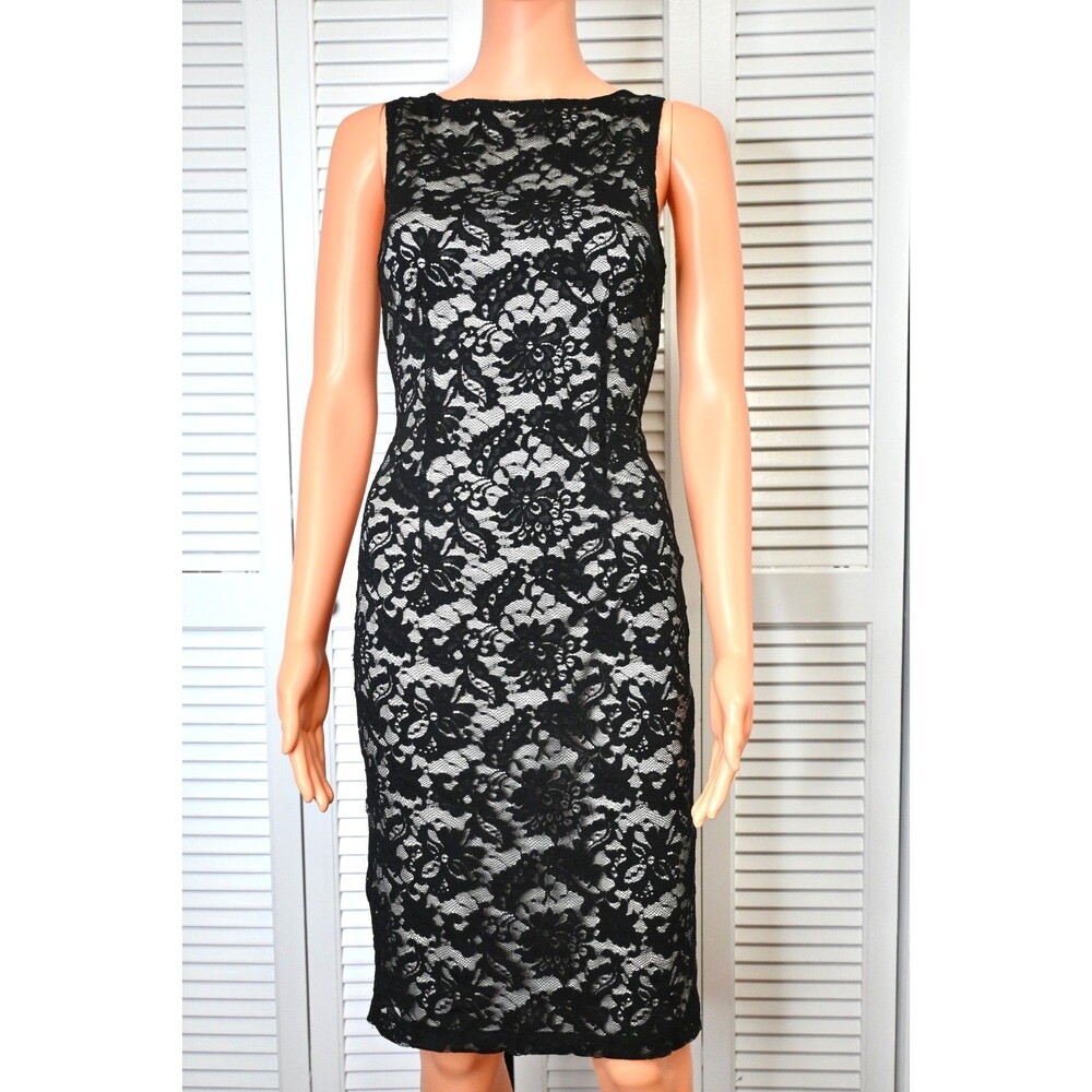 MNG Mango Black Lace Sheath Dress Womens XS White Lined Sleeveless Elegant Midi